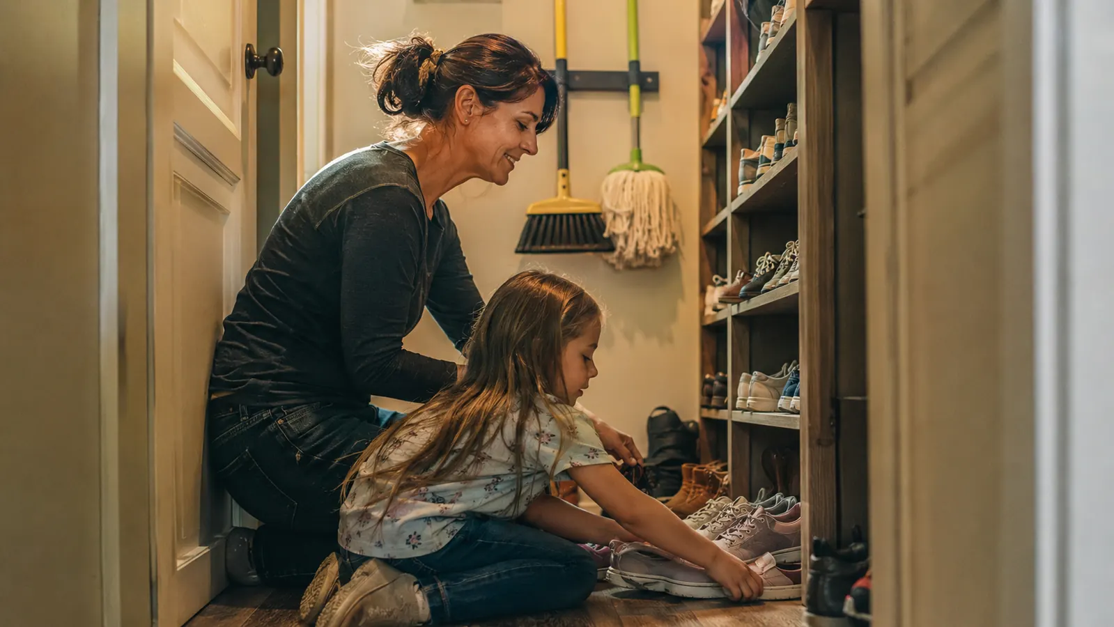 Mother and young daughter putting shoes away in a closet that now has broom and mop stored neatly on the wall above