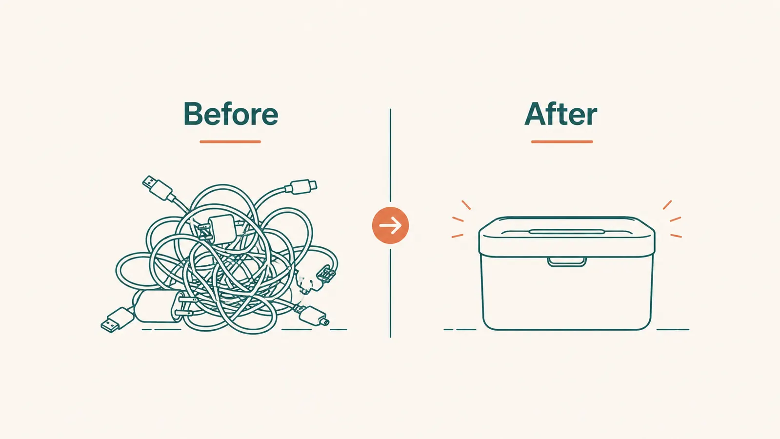 Before and after split image showing tangled cords under a desk versus the same space with a cable box hiding them