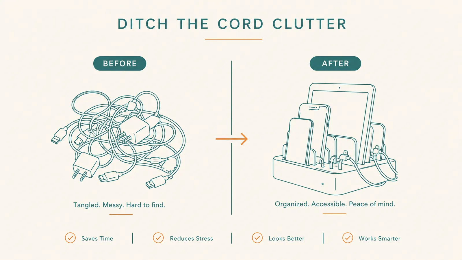 Before and after graphic showing a tangled pile of charging cords on the left and a single upright charging dock on the right