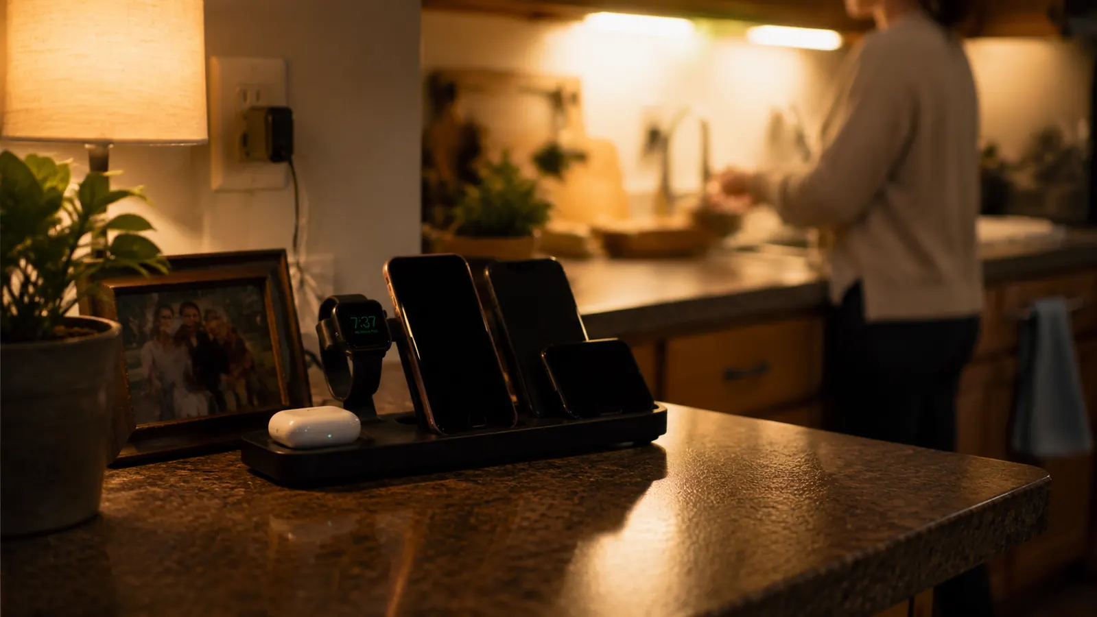 Family of four's phones and a smartwatch all lined up charging together on one counter dock in the evening