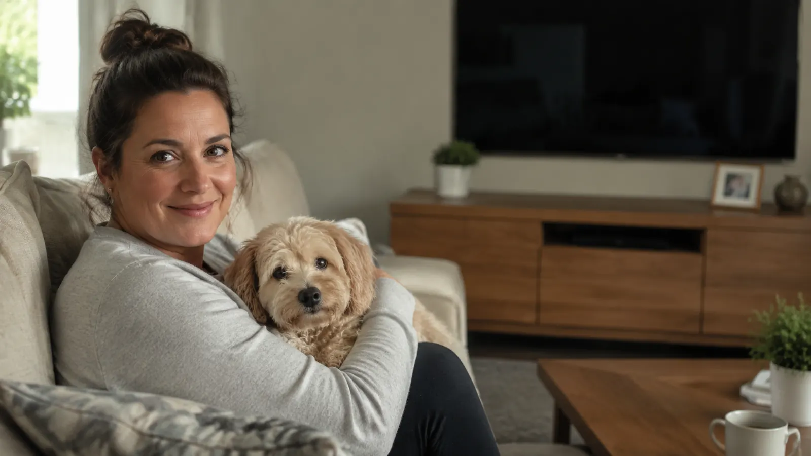 Woman relaxing on the couch with a small dog, TV stand corner tidy and cord-free in the background