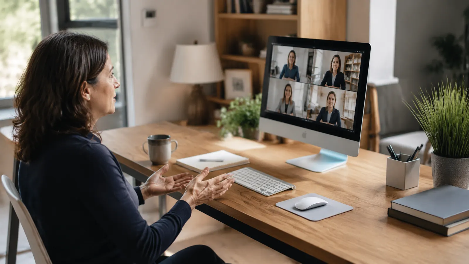 Person sitting at a home office desk on a video call, cord clutter out of frame and view