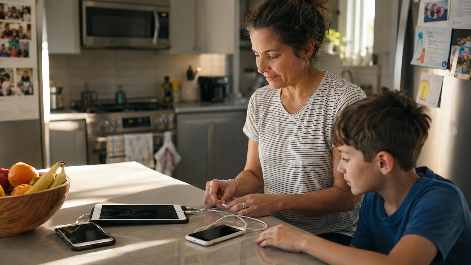 Family kitchen counter with two kids' phones and a tablet all charging together in one tidy spot near a fruit bowl