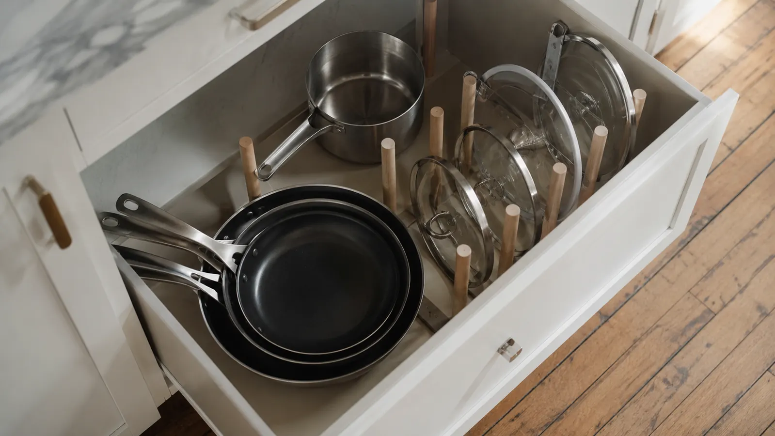 Open lower kitchen cabinet with pots, pans, and lids neatly separated and standing upright with no lids stacked loose
