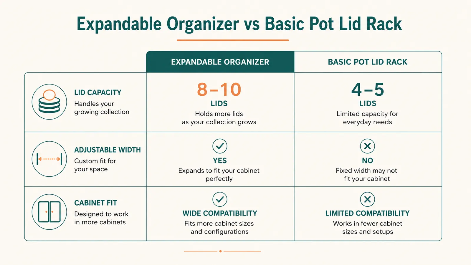 Comparison chart showing the Housolution expandable pot lid organizer against a basic fixed-slot wire pot lid rack across price, lid capacity, and adjustability