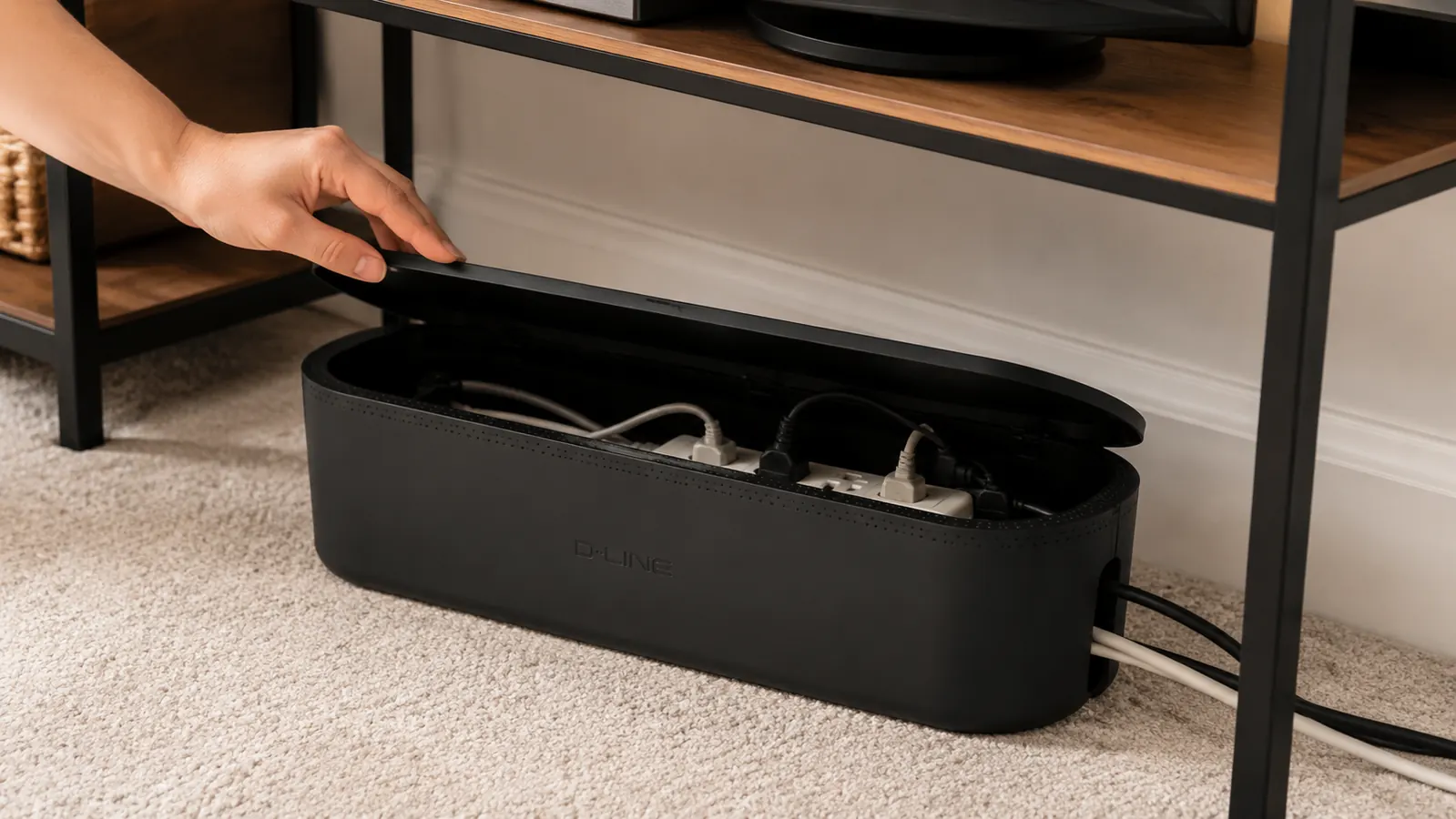 D-Line style white cable management box open on the floor behind a TV stand with a power strip and bundled cords tucked inside