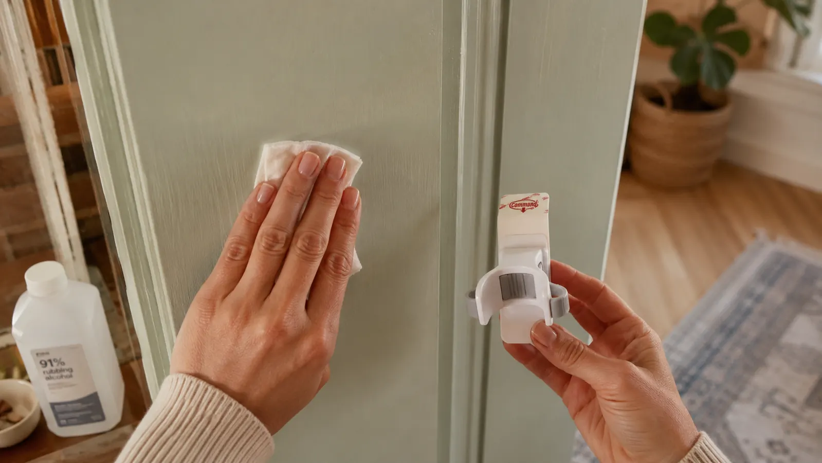Hand wiping a laundry room door with a cloth and rubbing alcohol before mounting an adhesive gripper