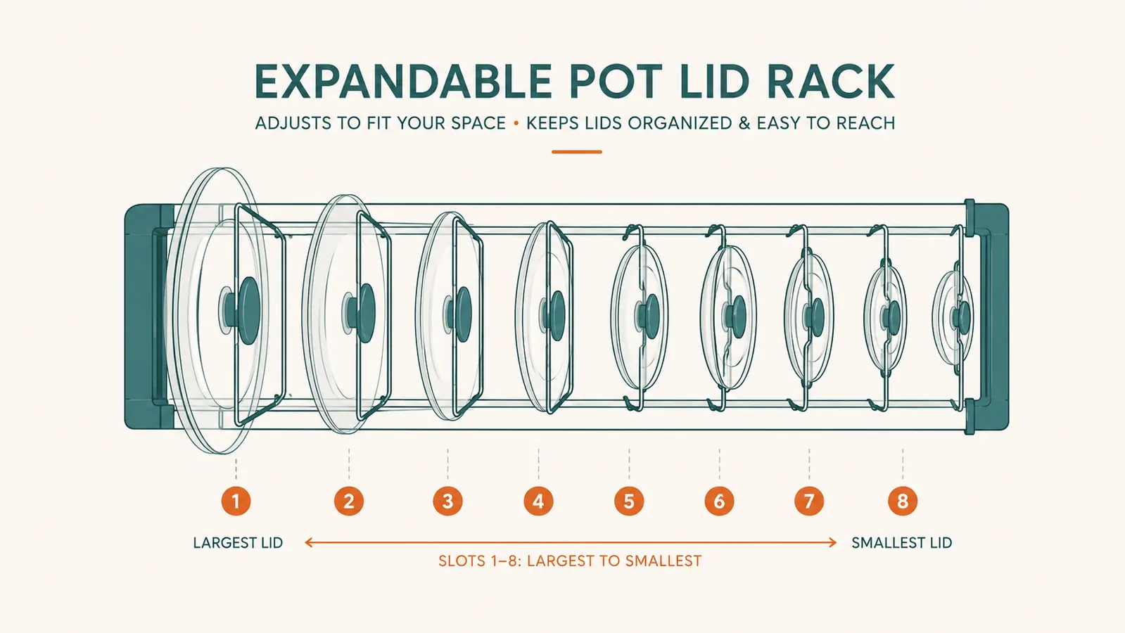 Diagram showing lids sorted from largest to smallest across the slots of an expandable rack, labeled left to right
