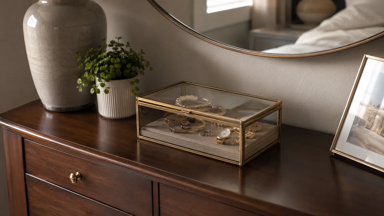 A finished dresser top with the closed glass-lid jewelry box sitting neatly next to a small tray, morning light through a window