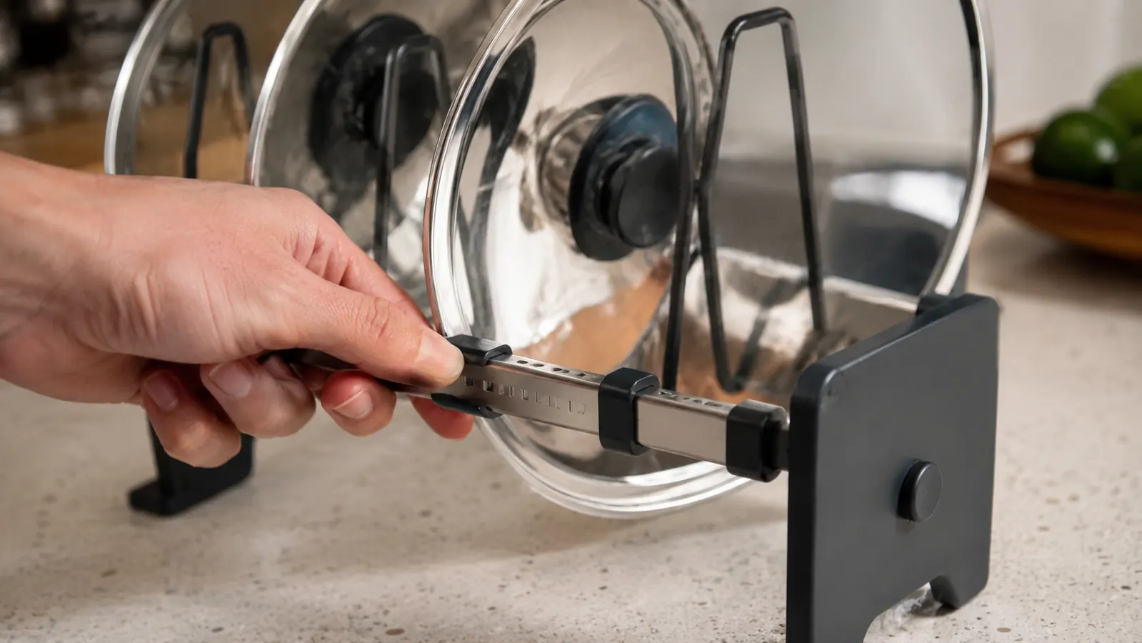 Close-up of the expandable metal rack showing the sliding bar adjusted wider to fit a large lid